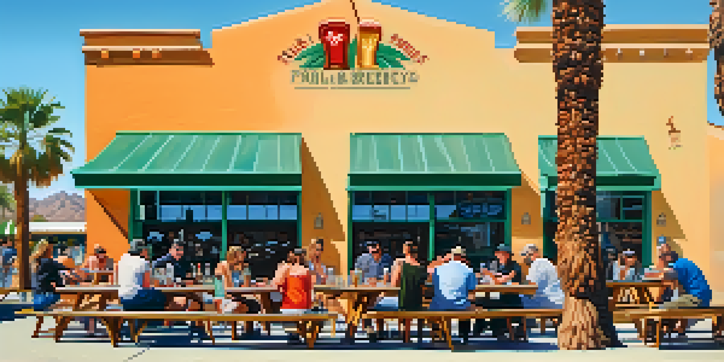 An outdoor scene at a brewery in Palm Springs with patrons enjoying craft beers at colorful picnic tables under palm trees.