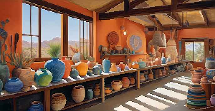An artisan workshop in Palm Springs showcasing colorful pottery and textiles, with artisans at work in a sunlit space.