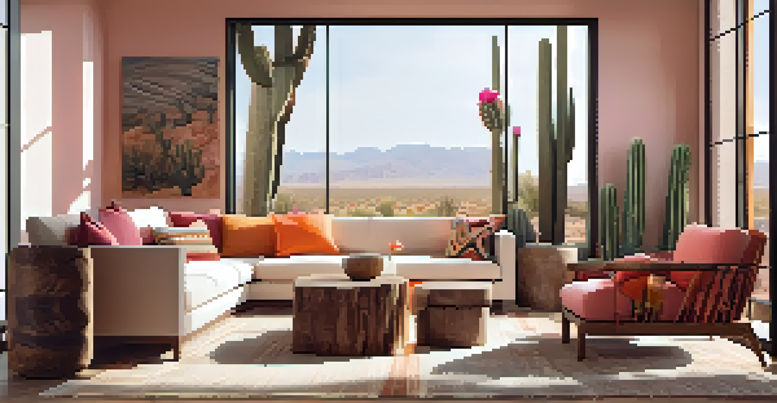 A stylish interior inspired by desert colors, showcasing earthy tones and vibrant accents with natural materials and soft light.