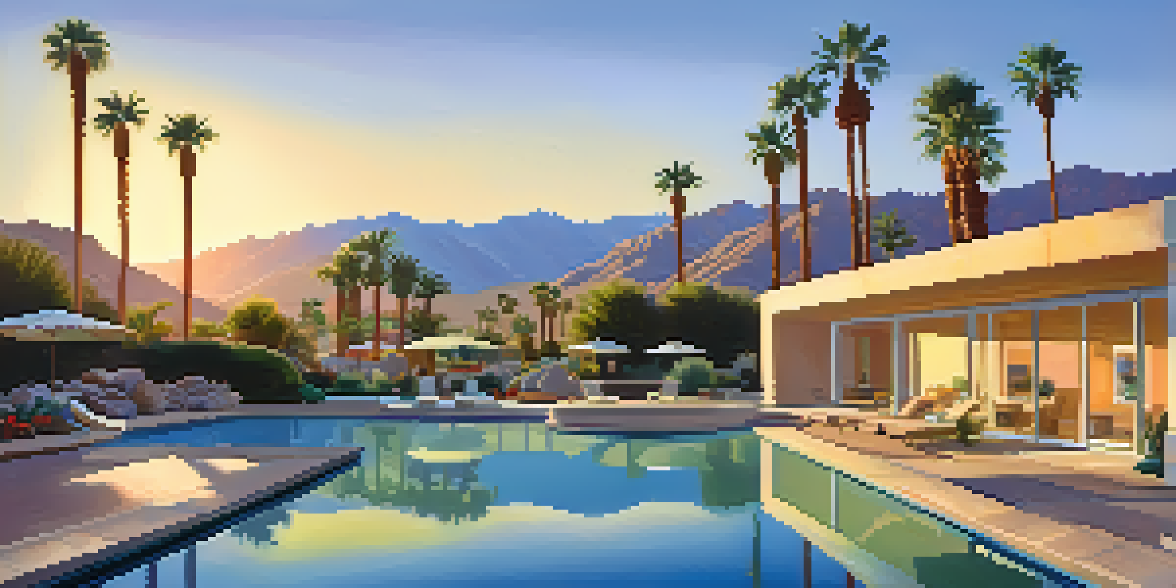 A tranquil pool at sunrise in Palm Springs, with mountains in the background and palm trees framing the scene.
