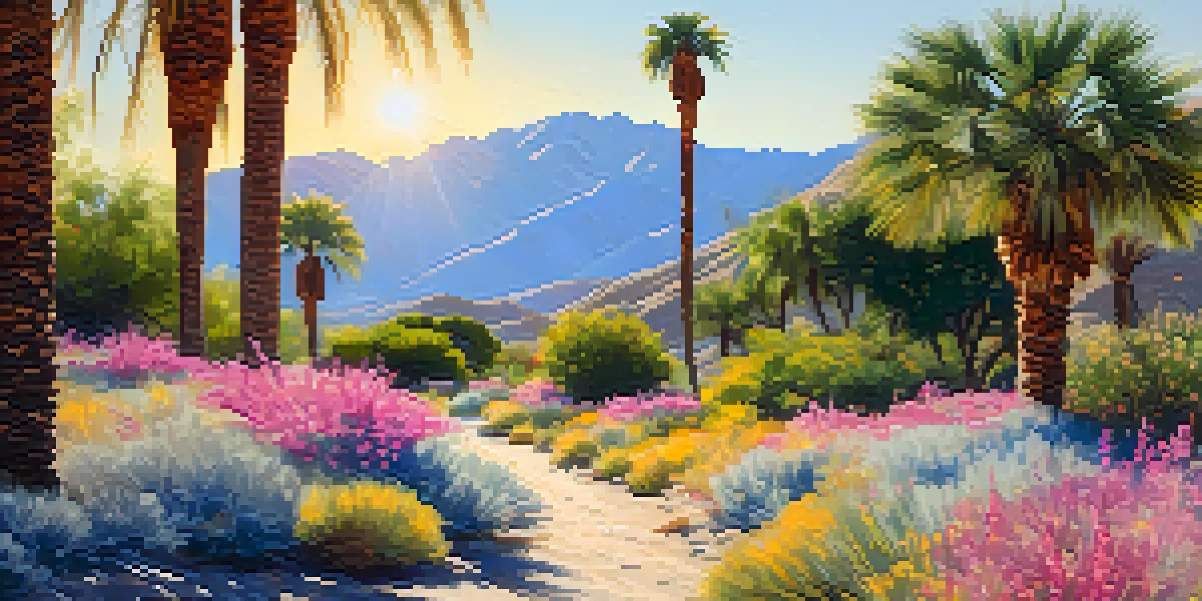 A peaceful hiking trail in Palm Springs with palm trees, colorful flowers, and mountains under a sunny sky.