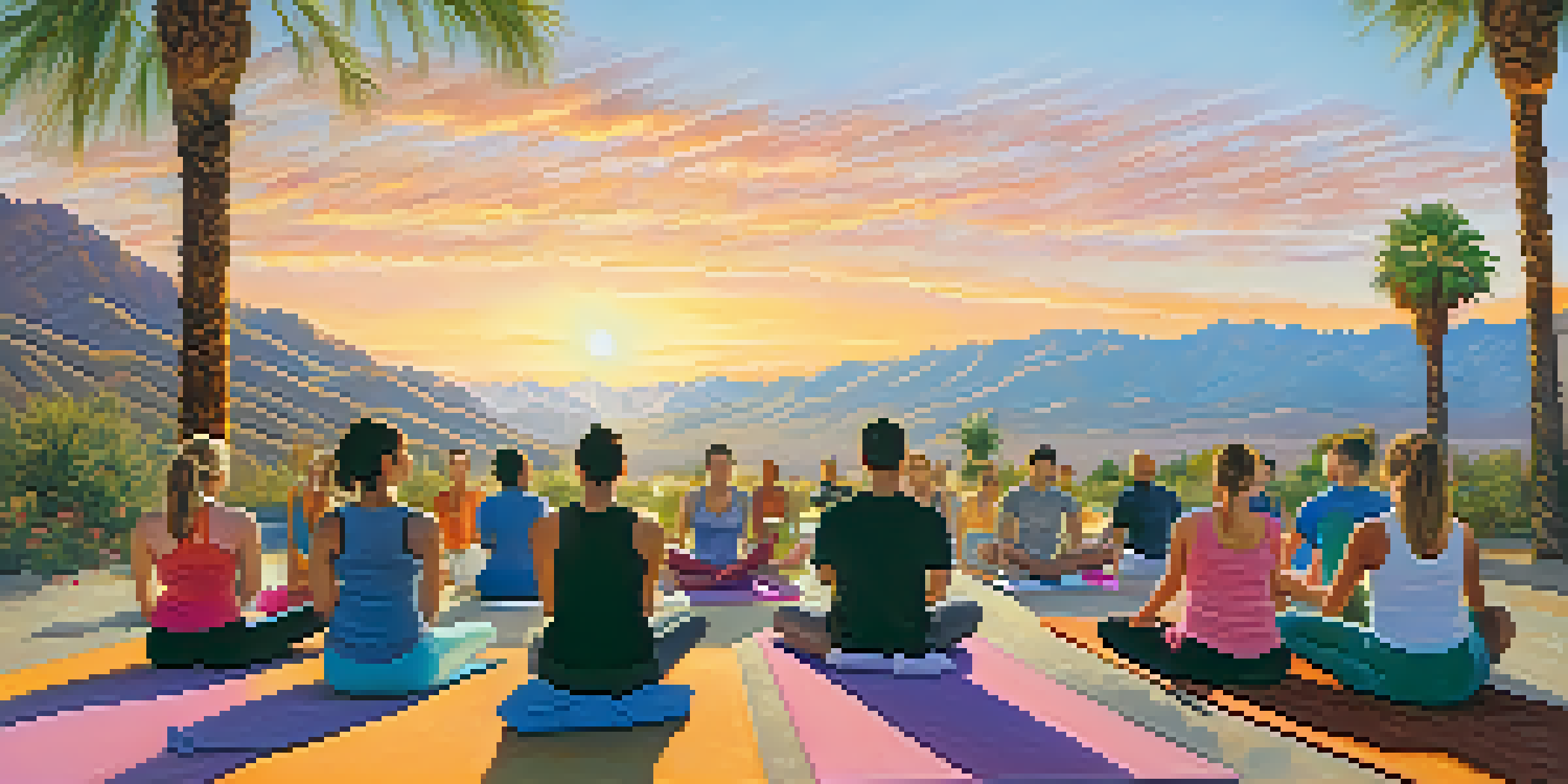 A group of yoga practitioners practicing on a mountaintop at sunrise, with a beautiful mountain backdrop and palm trees.