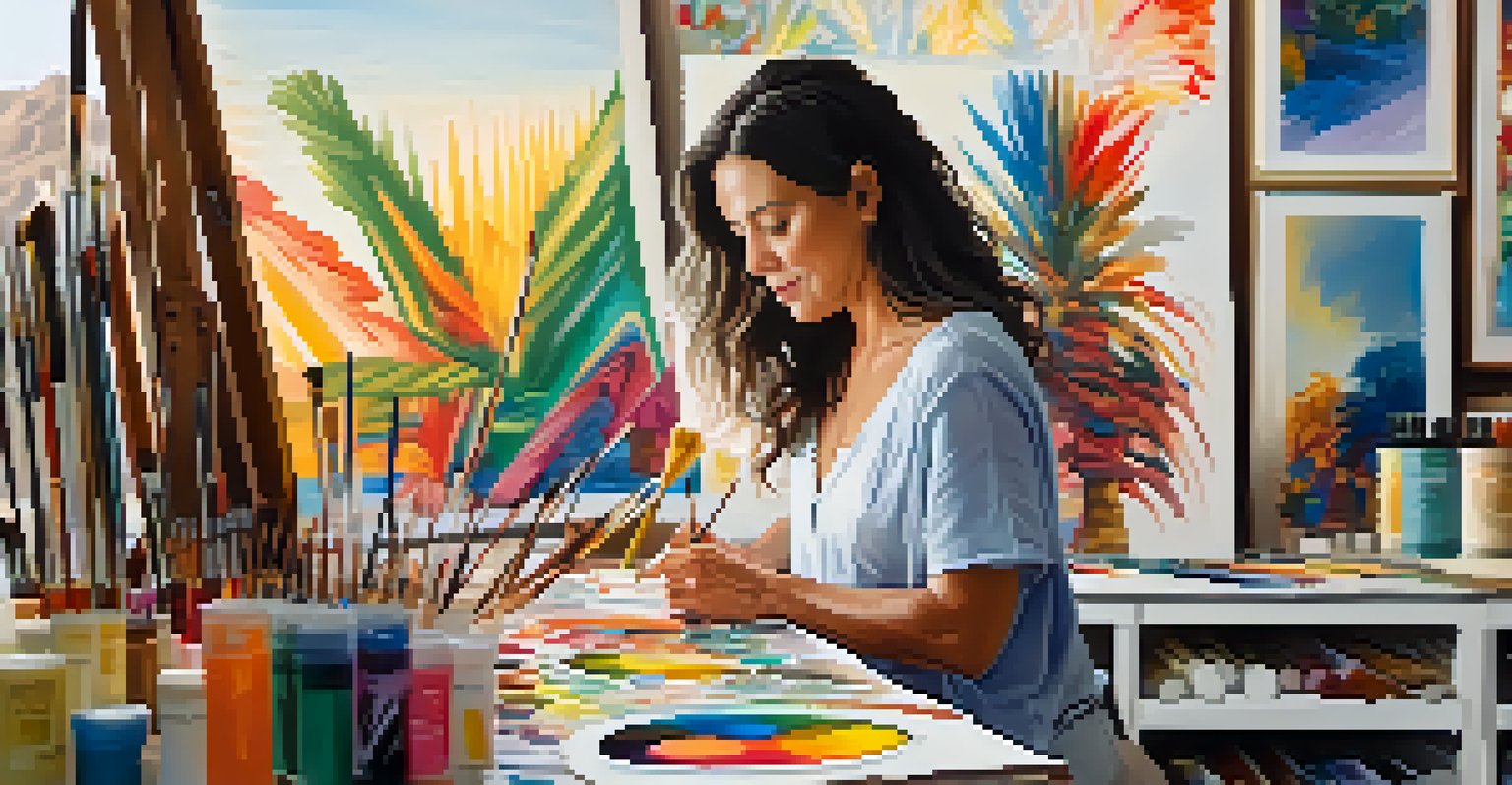 A local artist painting in a bright studio filled with art supplies, showcasing vibrant colors and intricate brush strokes.