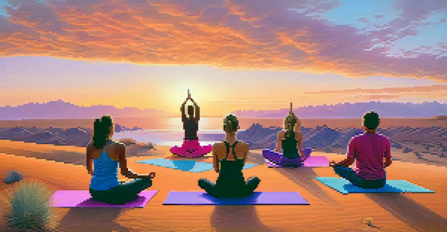 A yoga class on a sandy dune at sunset, with vibrant colors in the sky and participants in various yoga poses.
