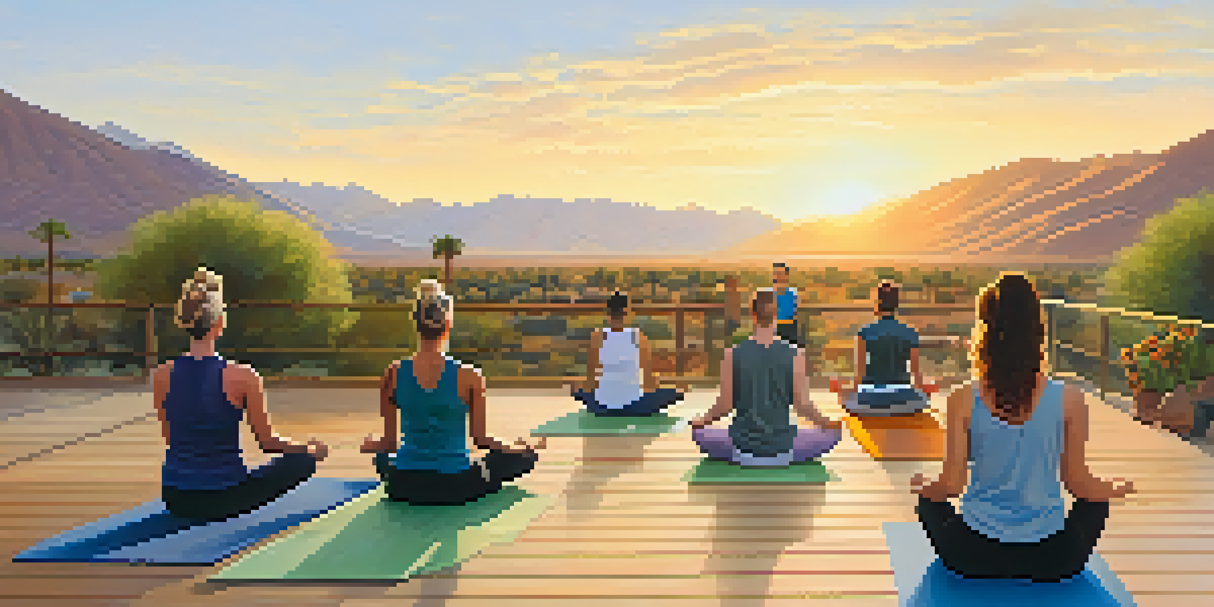 A group of diverse individuals practicing yoga on a wooden deck during sunrise, surrounded by desert landscapes and mountains.