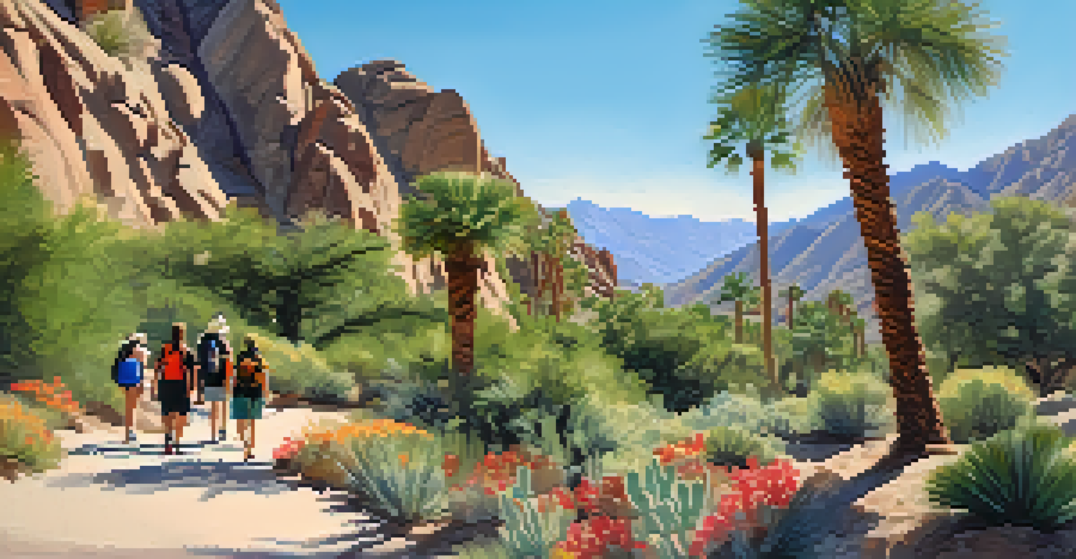 A scenic hiking trail in Indian Canyons with hikers, rock formations, and a waterfall.