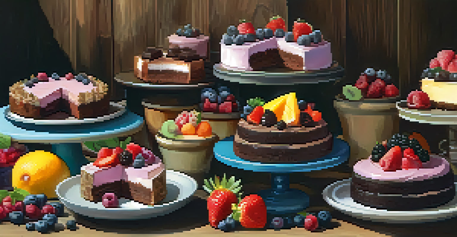 An array of vegan desserts including chocolate cake, fruit tarts, and gelato displayed on a wooden table in a bakery.