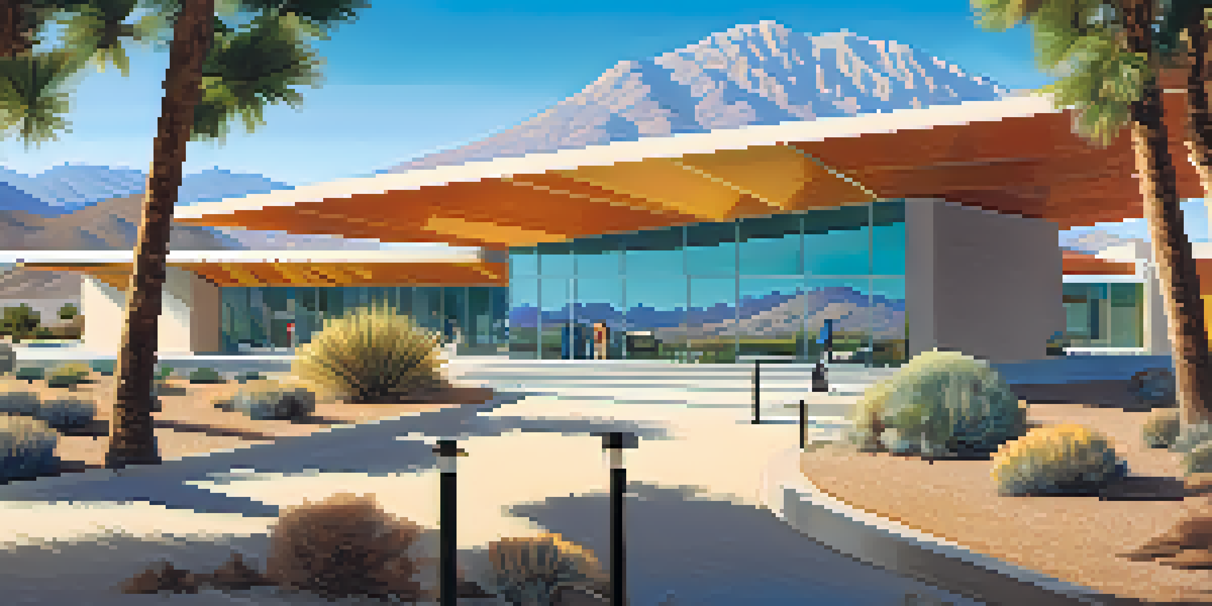 A contemporary art museum in Palm Springs with glass architecture and a sculpture garden under a blue sky.