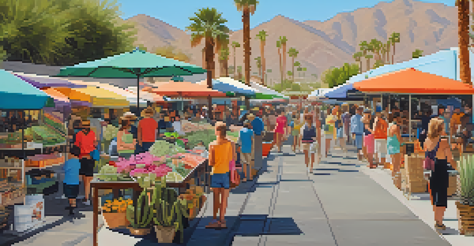 An outdoor market scene in Palm Springs with colorful shops, umbrellas, and people shopping amidst desert plants.