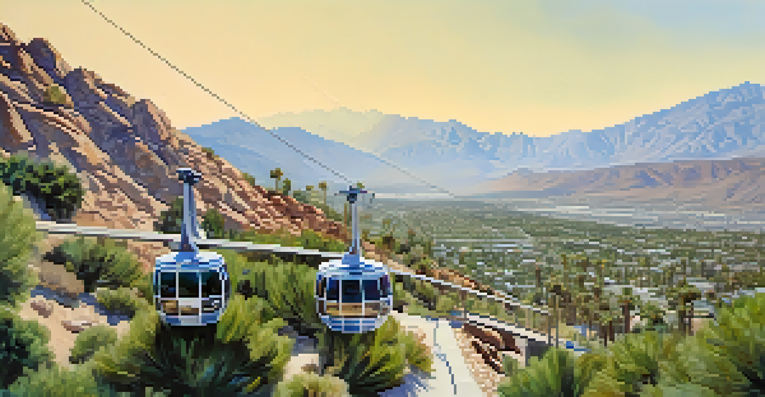 An aerial view of the Palm Springs Aerial Tramway, with tram cars going up the San Jacinto Mountains and the desert landscape below.