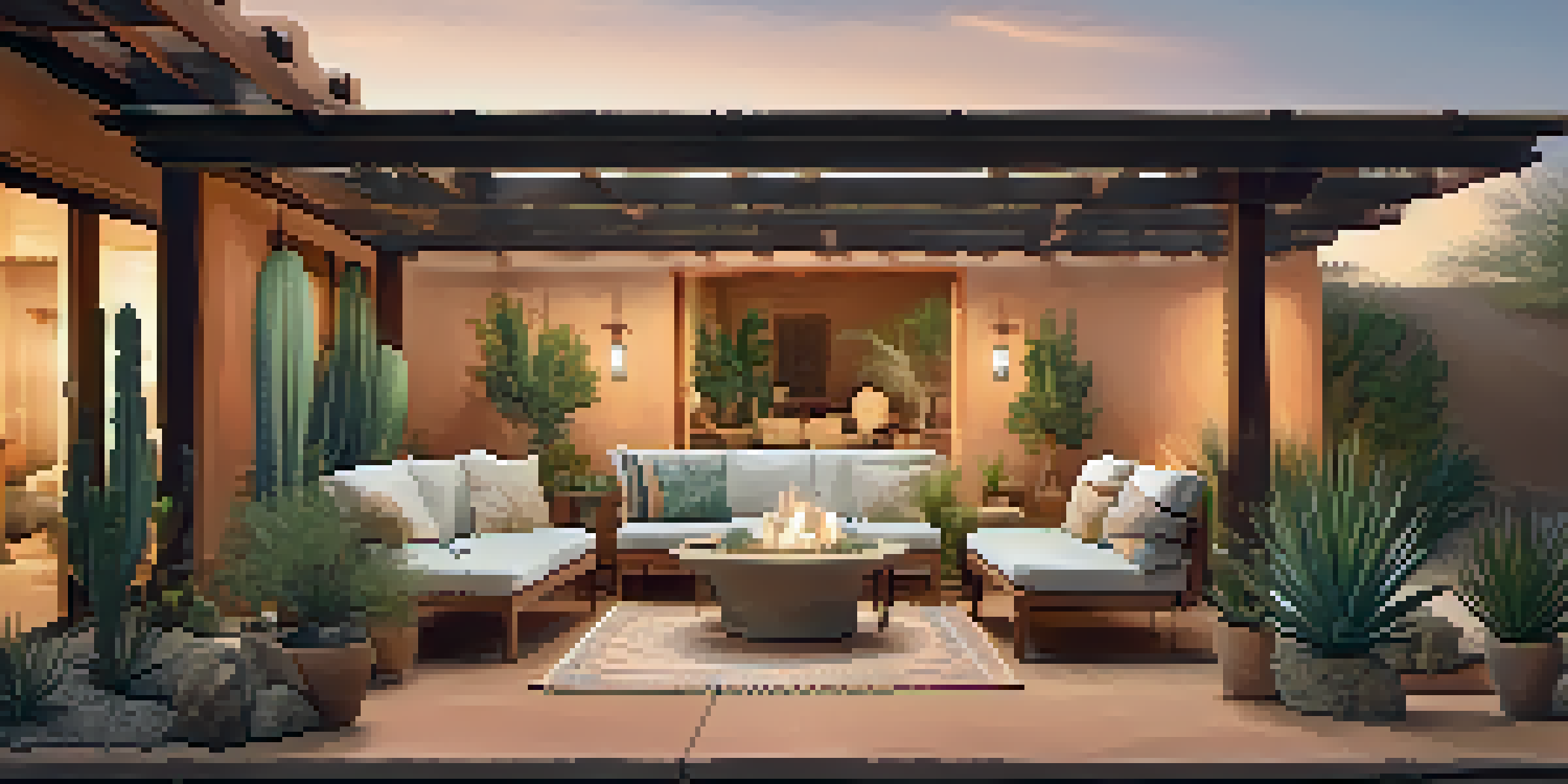A peaceful patio in Palm Springs with natural stone flooring, succulents, and cacti, featuring a cozy seating area under a wooden pergola with soft lighting.