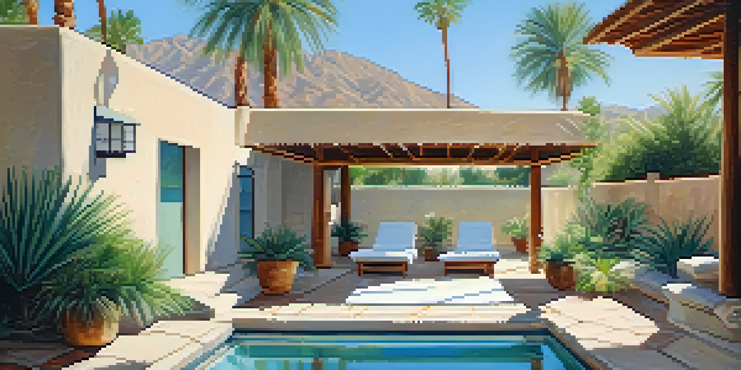 An outdoor spa area in Palm Springs with a massage table, surrounded by greenery and a mineral spring under a blue sky.