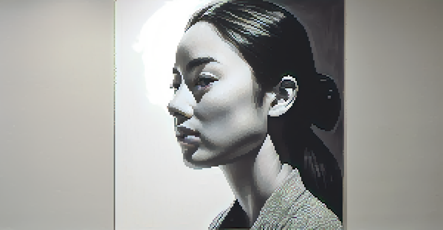 A detailed black-and-white portrait at an exhibition, with viewers admiring the emotional expression.