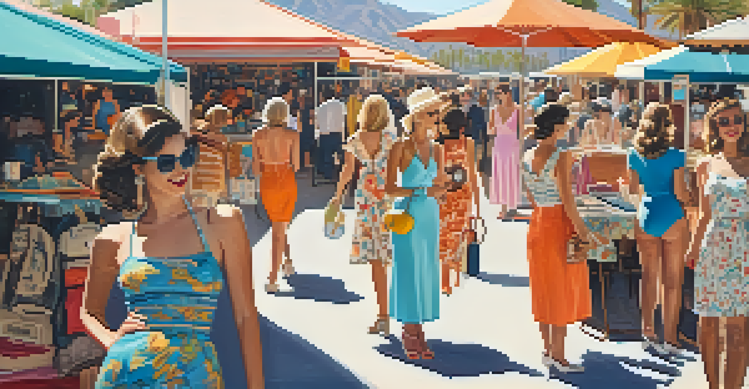 Shoppers exploring a vintage market in Palm Springs with colorful retro clothing stalls.