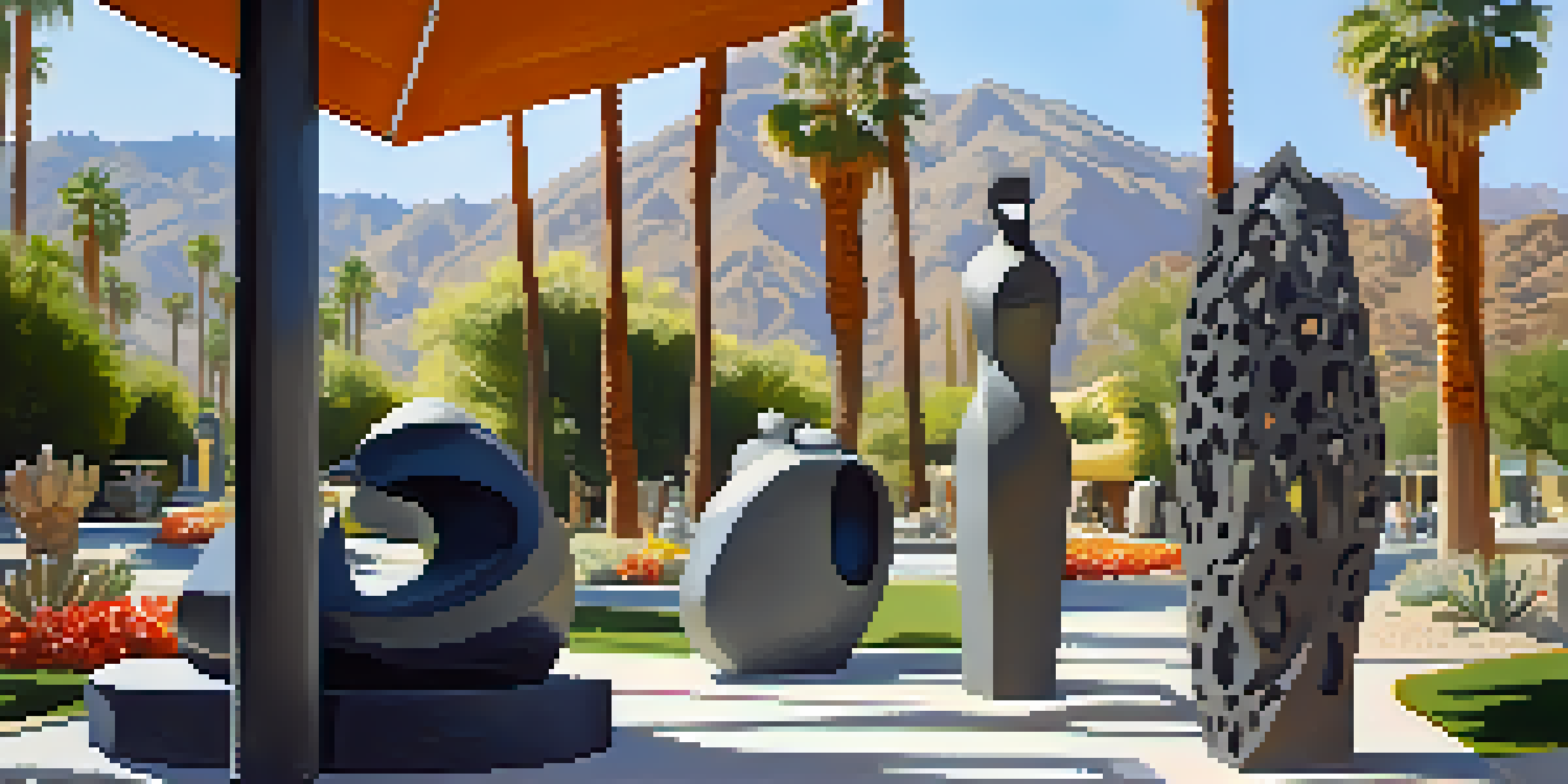 An outdoor sculpture garden in Palm Springs filled with large-scale sculptures surrounded by palm trees and desert plants, with visitors interacting with the art.
