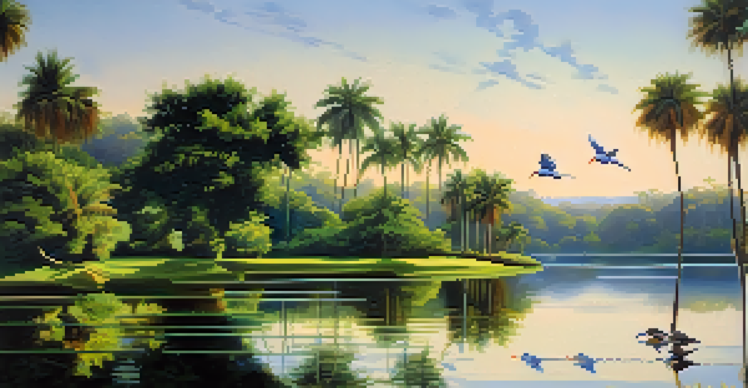 A tranquil landscape of Sunrise Park with a calm lake, lush greenery, and birds gliding over the water in the morning light.