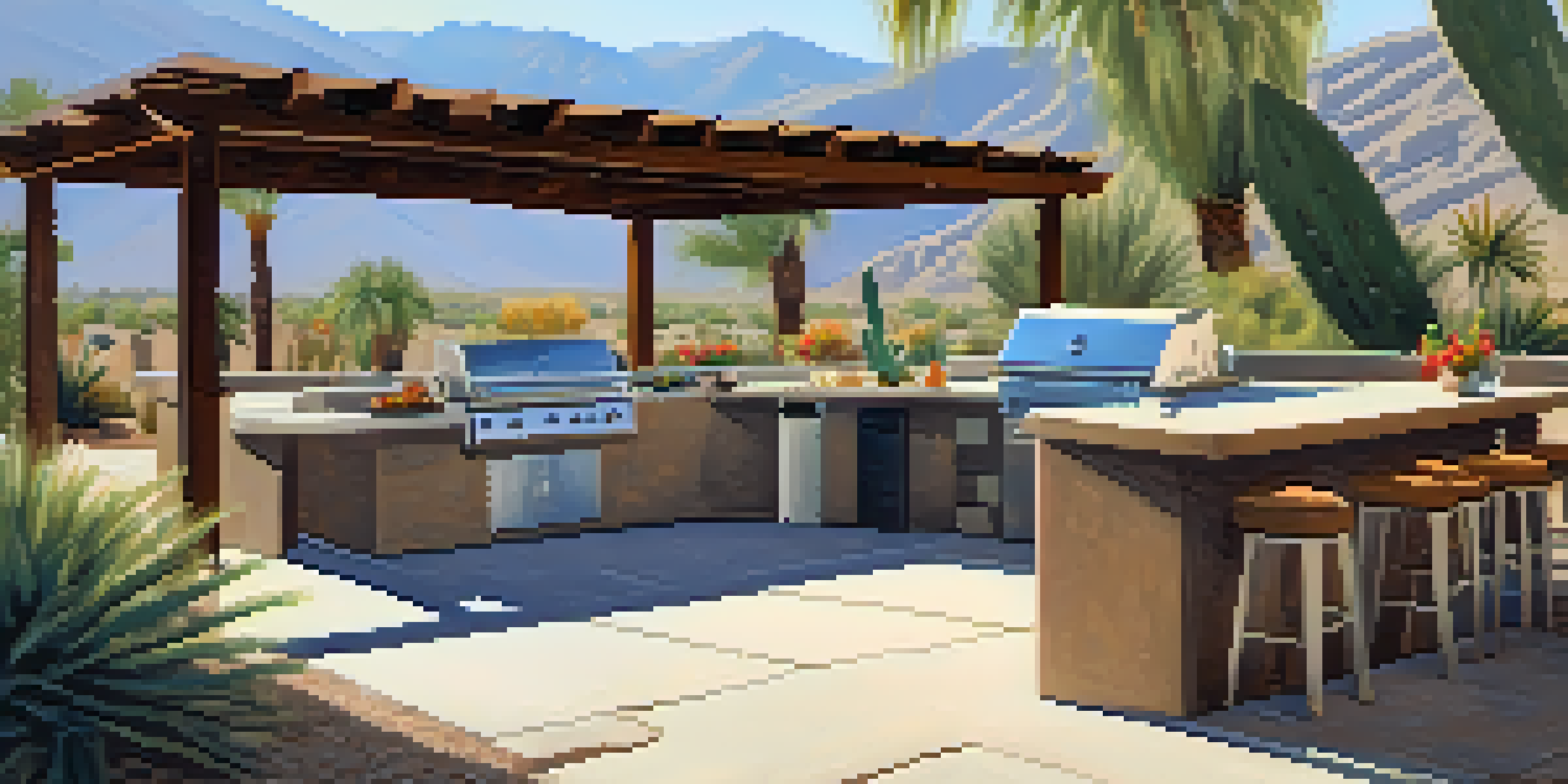 An outdoor kitchen with a grill and dining area surrounded by desert plants in Palm Springs.