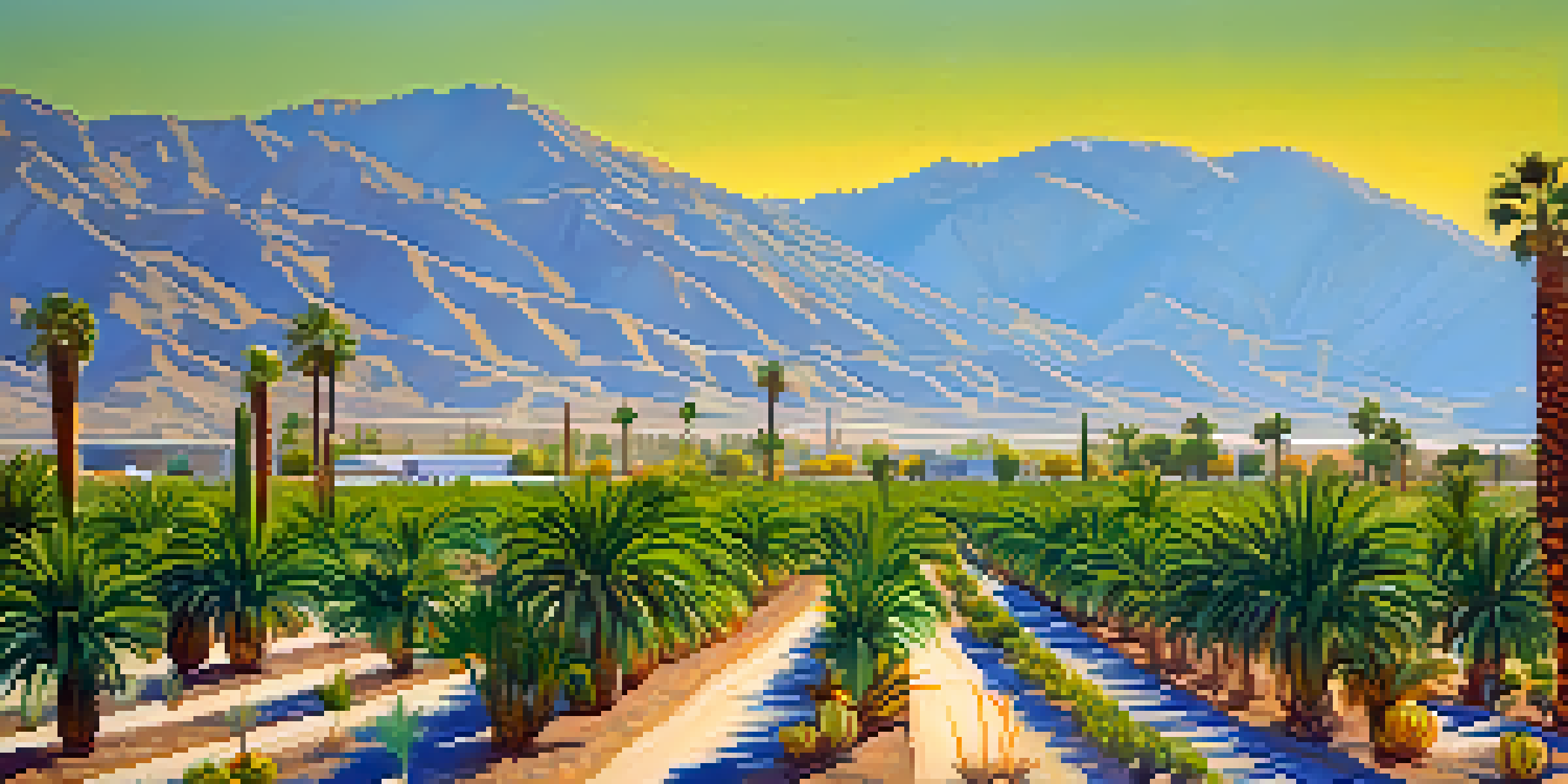 A desert landscape in Palm Springs with rows of healthy crops like citrus fruits and dates, under a clear blue sky and mountains in the background.