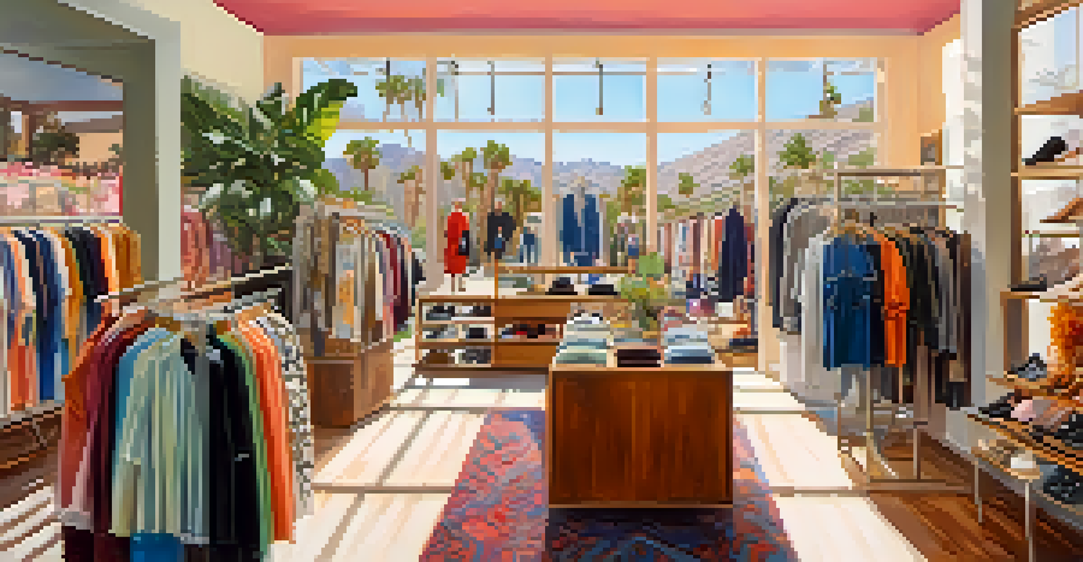 Interior of a boutique in Palm Springs, featuring colorful clothing racks and shoppers exploring vintage and contemporary fashion pieces.