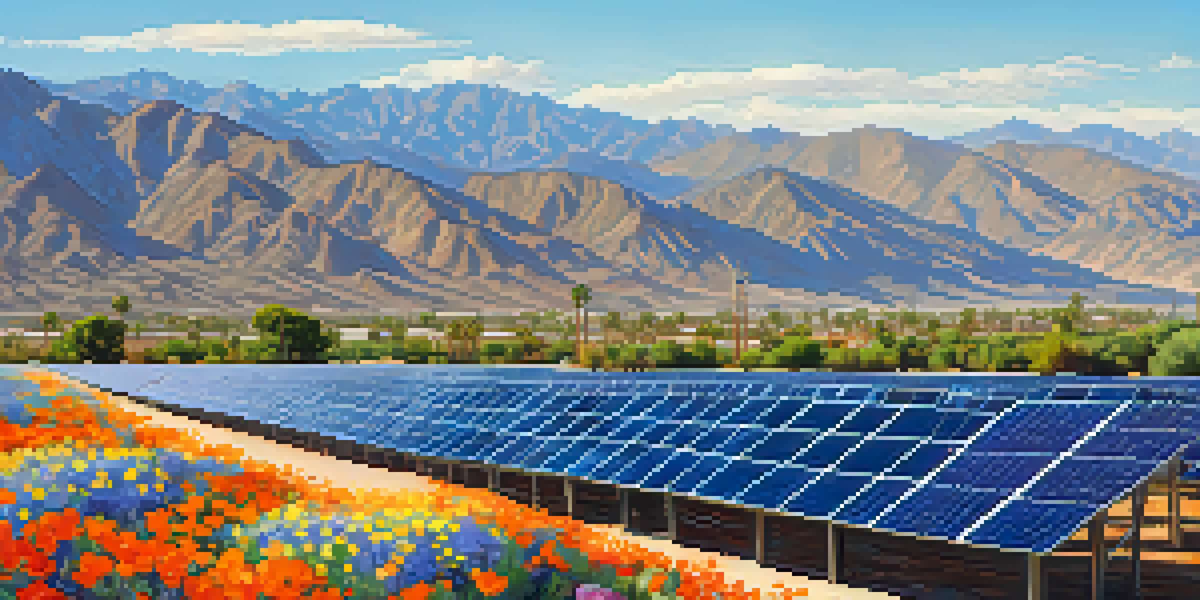 A wide landscape of a solar farm with solar panels and blooming wildflowers in the foreground, against the backdrop of the San Jacinto Mountains.