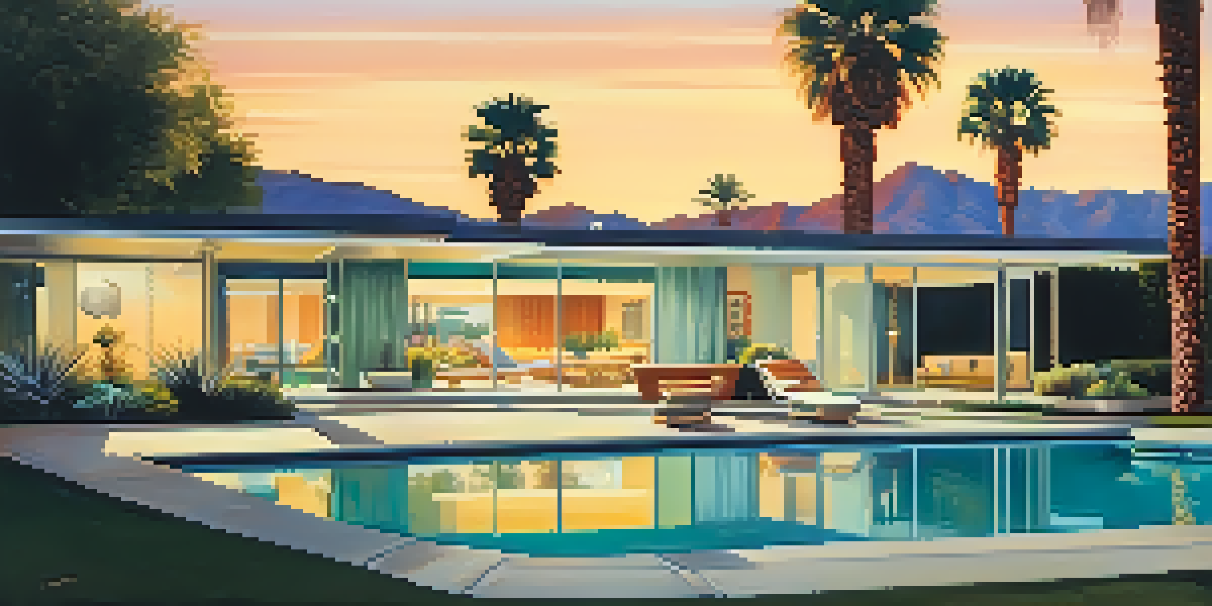 A mid-century home belonging to Frank Sinatra, surrounded by palm trees and a swimming pool at sunset.