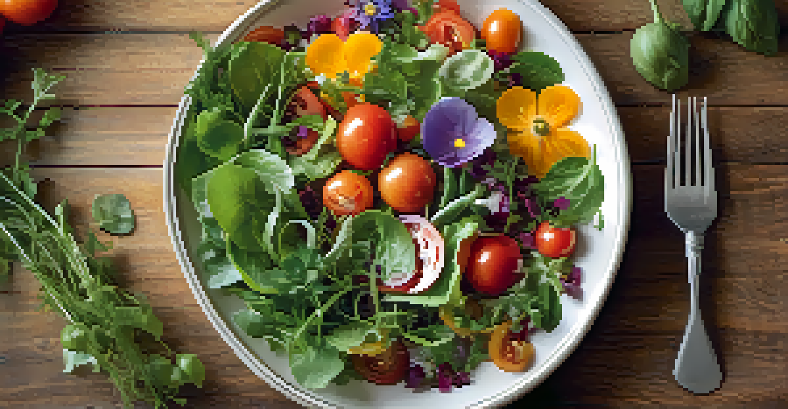 A seasonal farm-to-table salad with fresh ingredients displayed on a rustic wooden table.