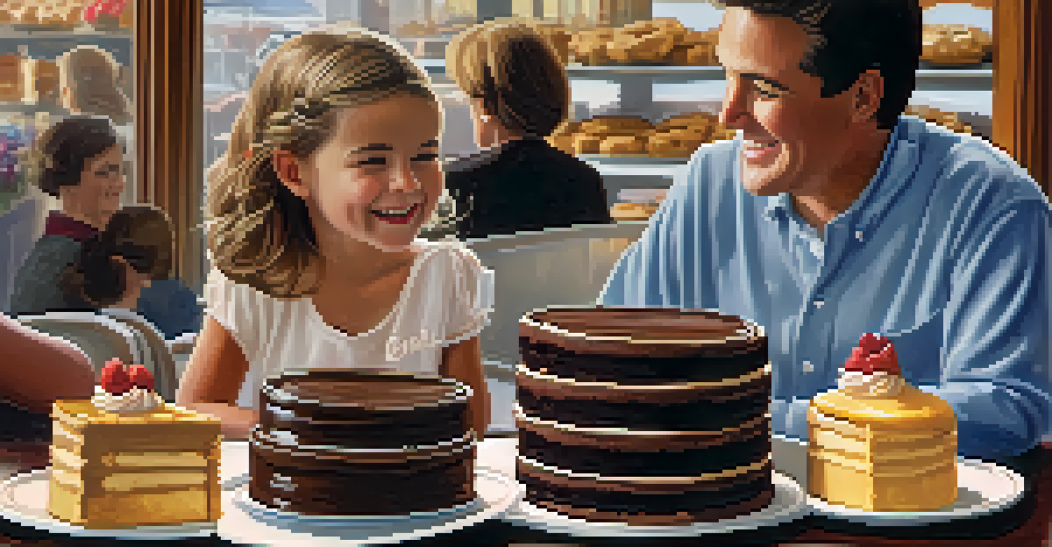 A tempting dessert display at Sherman's Deli & Bakery, featuring oversized cookies and chocolate cakes, with a family sharing their treats.