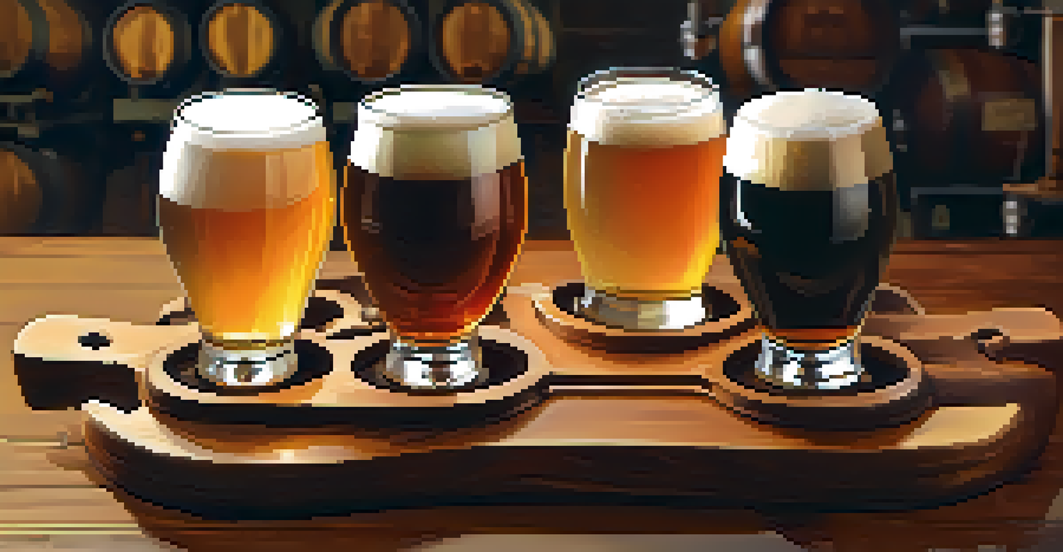 A close-up of a wooden paddle holding a flight of four different craft beers with varying colors in a cozy brewery setting.