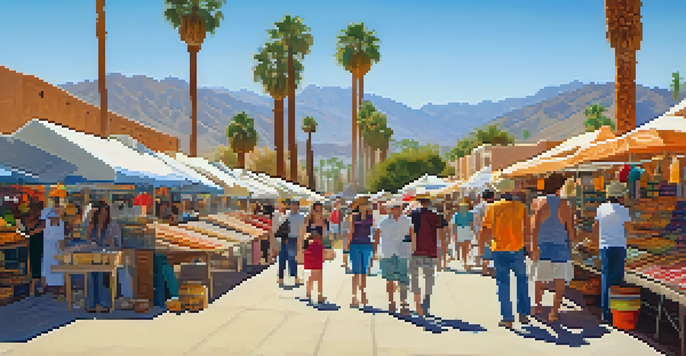 A lively artisan market in Palm Springs filled with colorful handmade crafts and diverse visitors engaging with artisans under palm trees and a sunny sky.