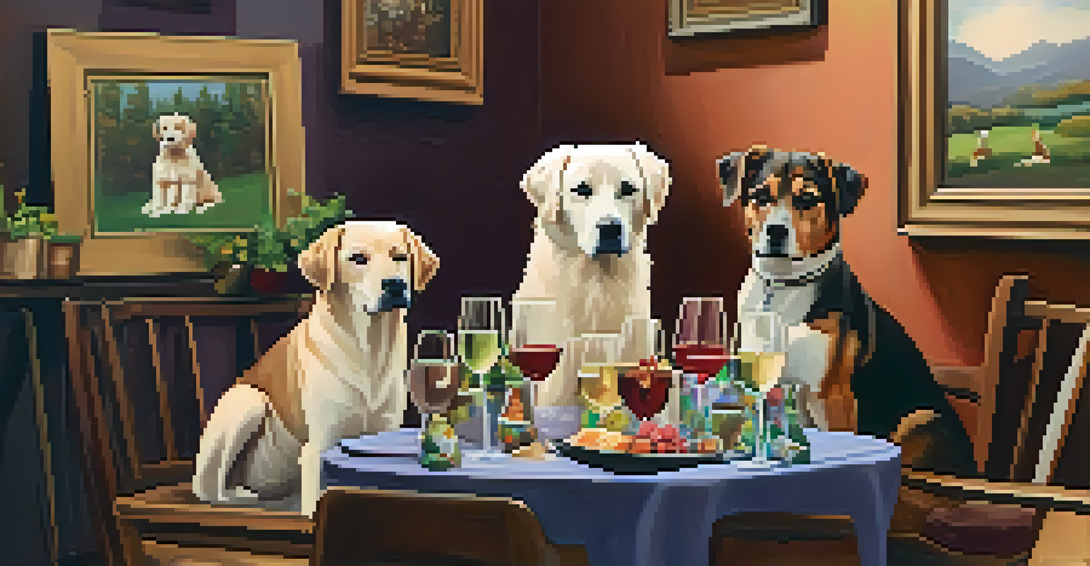 Pet owners enjoying a painting night with their dogs in a warm, inviting atmosphere.