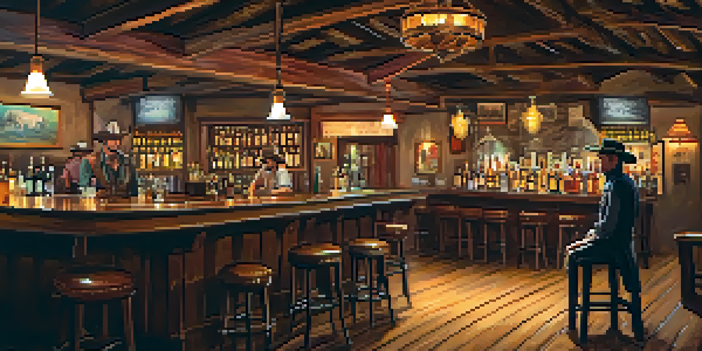 The interior of a historical saloon with a ghostly cowboy figure seated at the bar, surrounded by vintage decor and warm lighting.