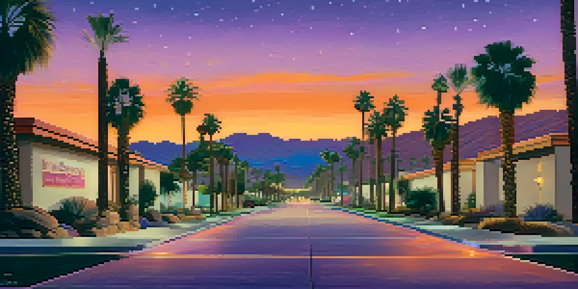 A scenic view of the Palm Springs Walk of Stars with star plaques under a colorful sunset and palm trees.