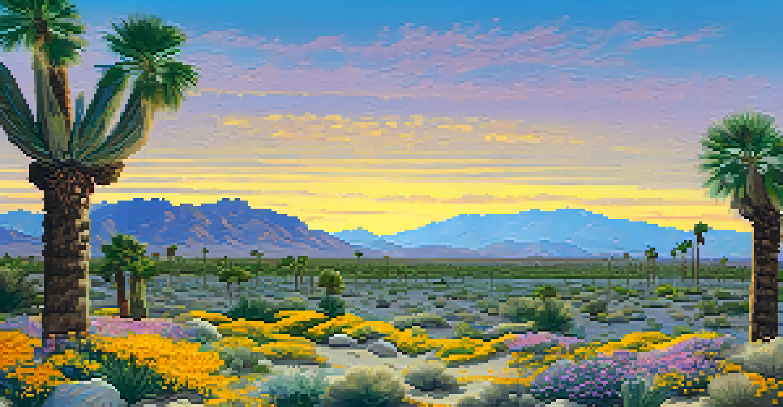 A colorful spring desert landscape in Palm Springs, filled with blooming wildflowers and a desert tortoise moving through the flowers.