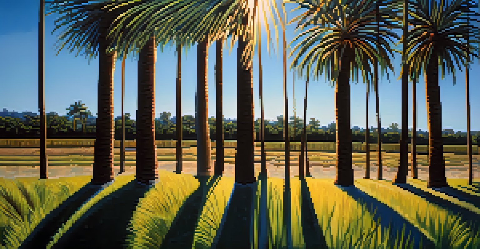 Silhouetted palm trees against a blue sky with sunlight filtering through the leaves.