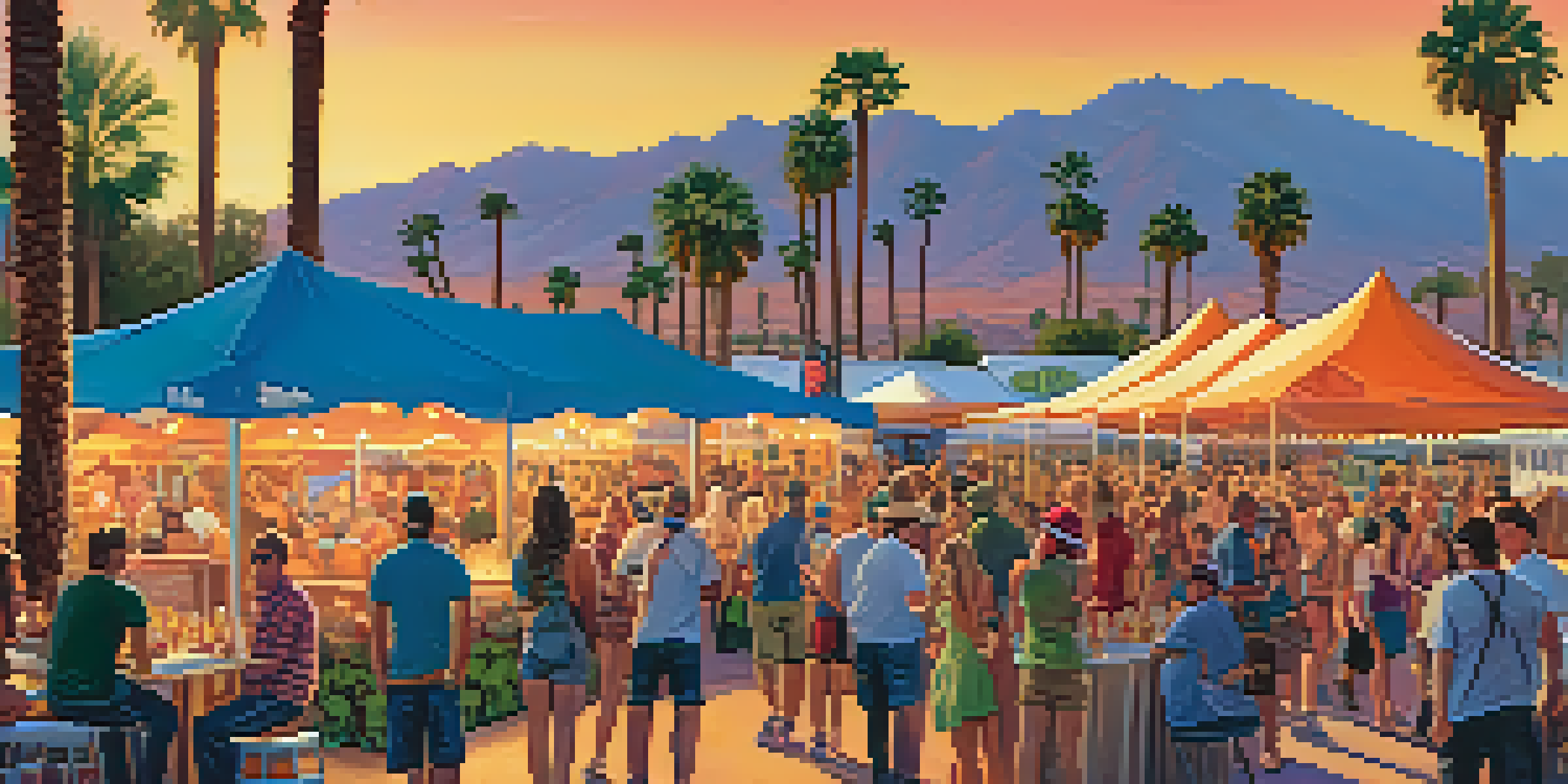 A lively craft beer festival in Palm Springs with colorful tents, palm trees, and people enjoying beer and food.