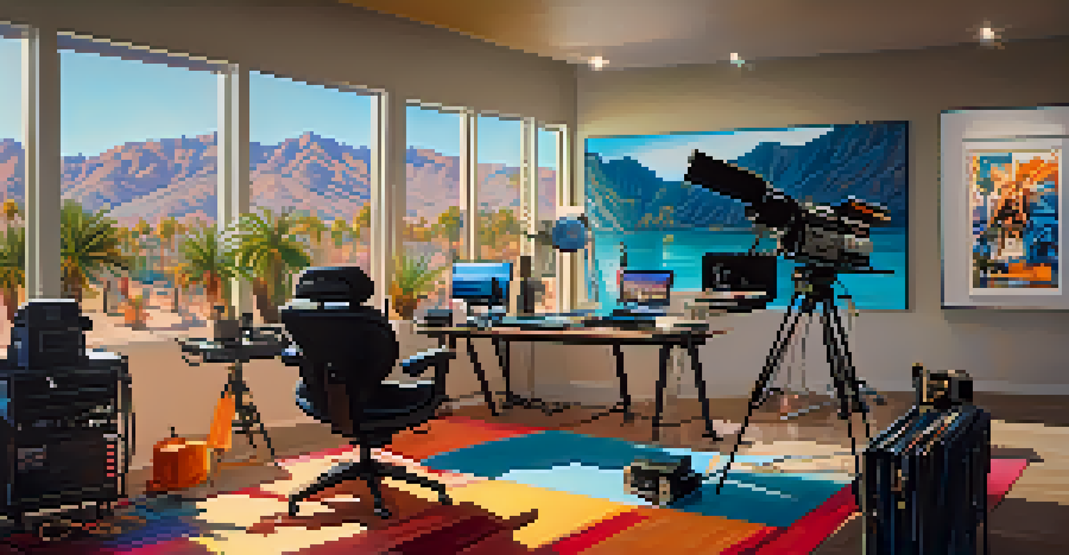 An independent filmmaker preparing equipment in a modern studio in Palm Springs, surrounded by high-tech tools and vibrant movie posters.