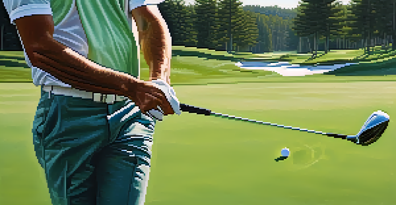 A close-up image of a golfer's hands holding a golf club with a blurred golf course in the background.