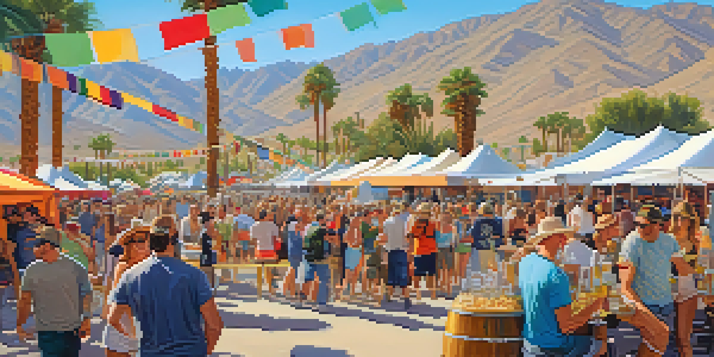 A bustling craft beer festival with tents, food trucks, and people enjoying their drinks and food under sunny skies.