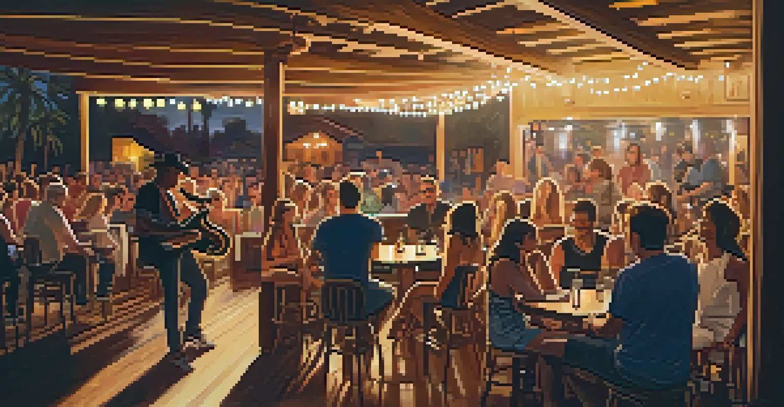 A cozy live music venue in Palm Springs, with a band on stage and patrons enjoying the performance in a warm, inviting atmosphere.