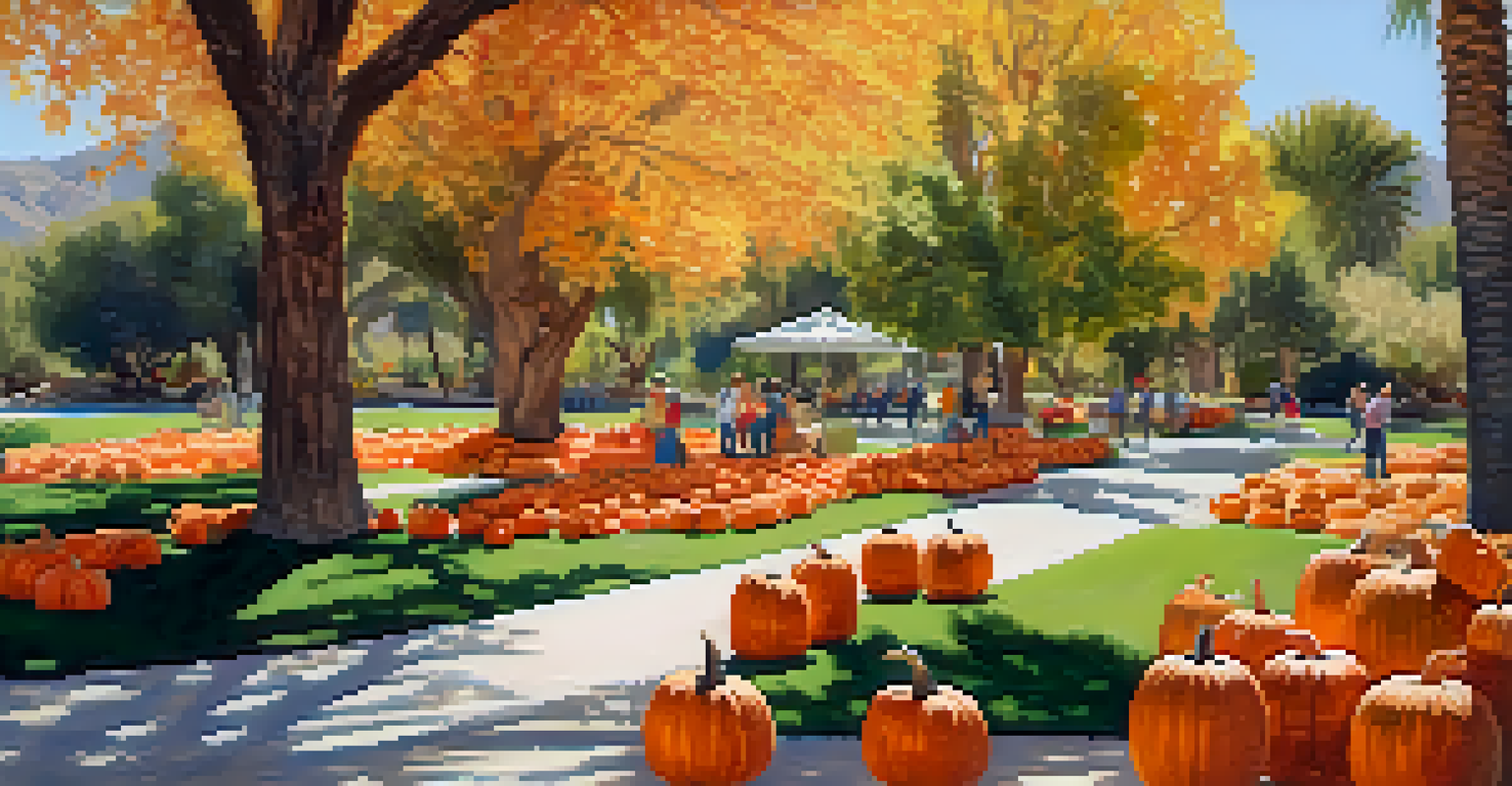 An autumn landscape at Palm Springs Botanical Gardens featuring colorful fall leaves and families engaging in pumpkin carving.