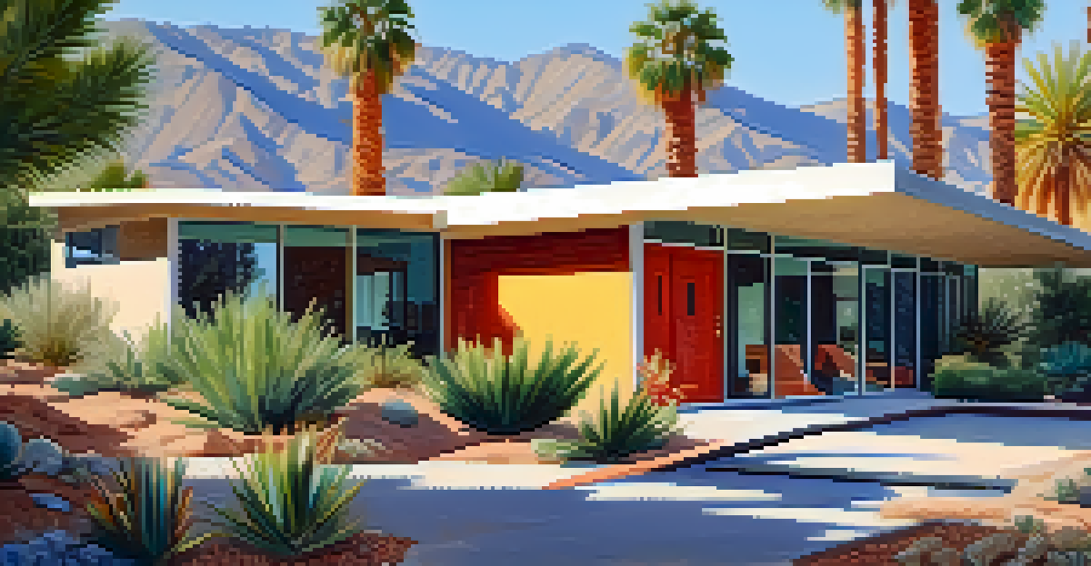 A modern mid-century home in Palm Springs surrounded by colorful desert plants, showcasing large windows and clean architectural lines.