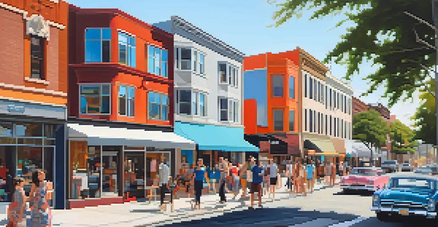 A lively street in the Uptown Design District with shops and mid-century modern homes.