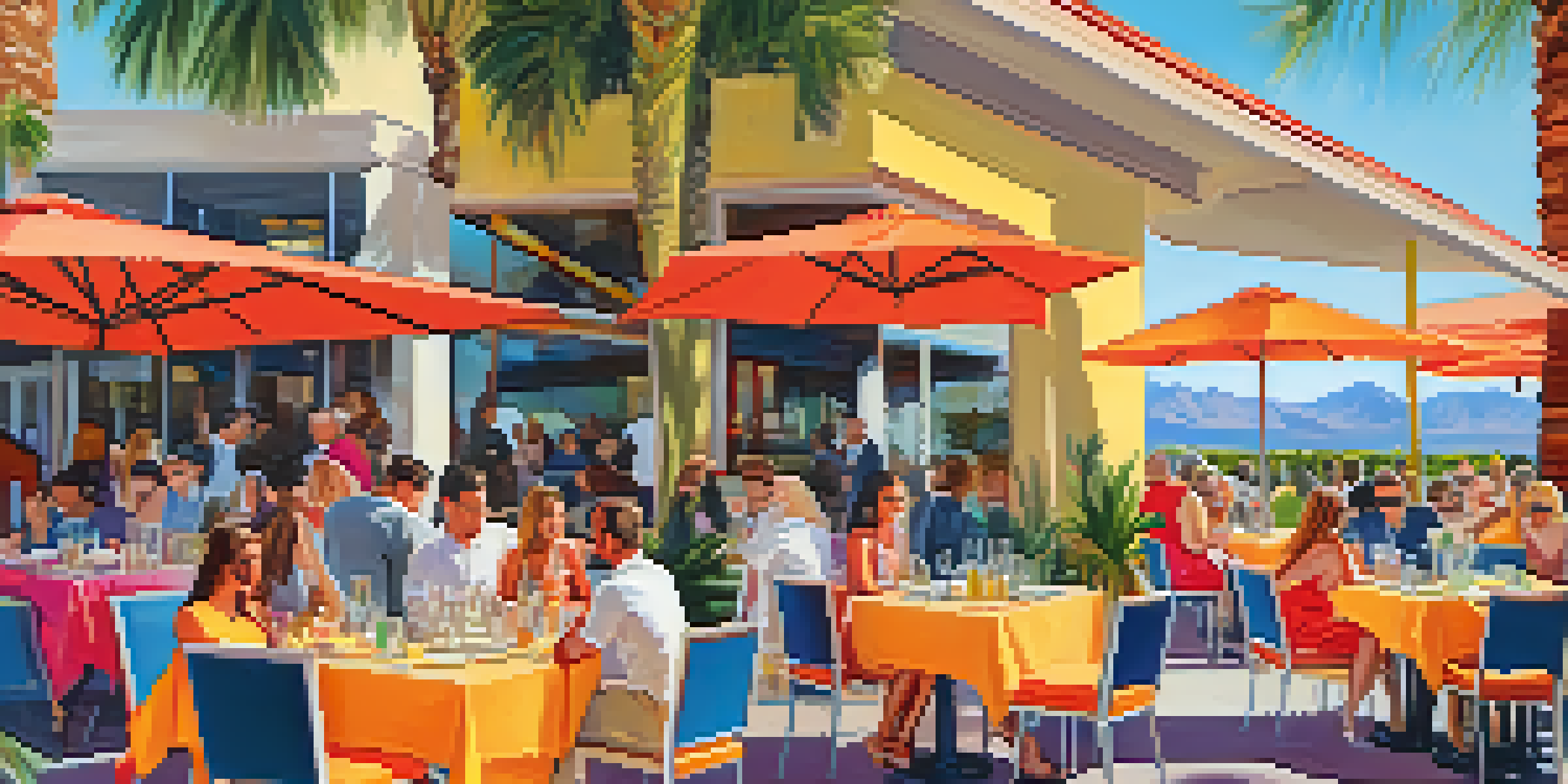 A colorful brunch scene at Cheeky's restaurant with bright decor, delicious food, and cocktails on a sunny patio.