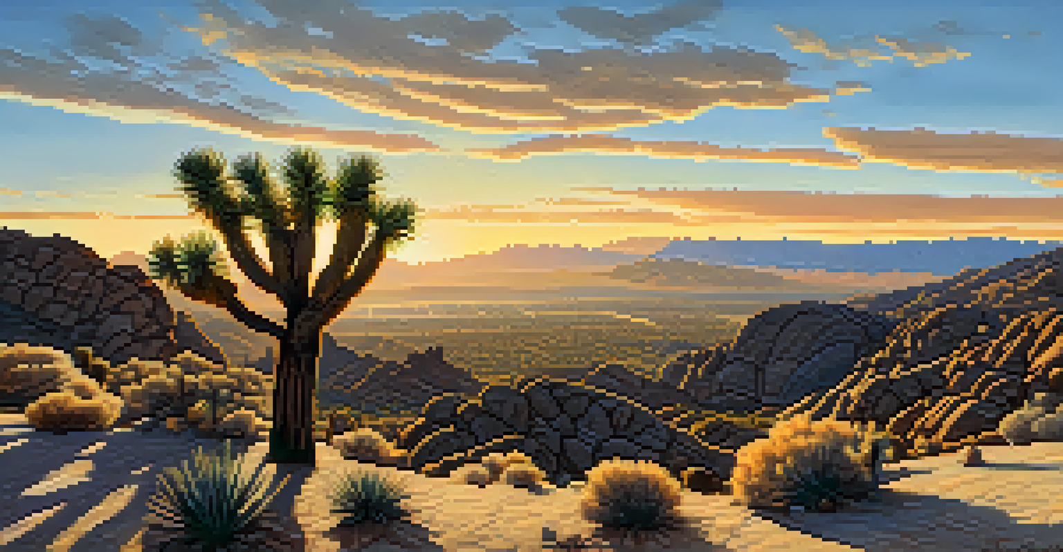 The Keys View overlook in Joshua Tree National Park, showcasing the Coachella Valley and Joshua Trees at sunset.