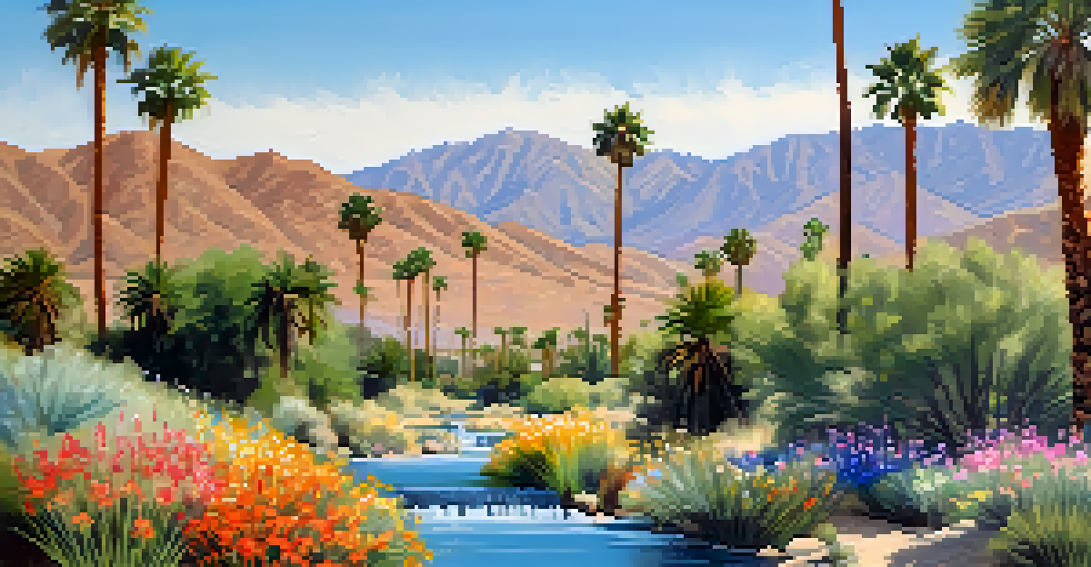 A lush view of Palm Canyon Drive with palm trees, wildflowers, and a stream.