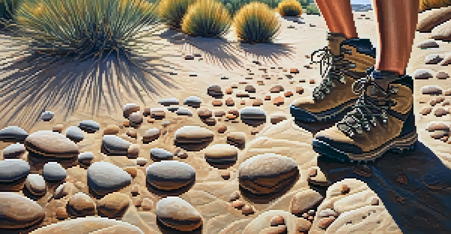 A close-up of hiking boots on rocky terrain, surrounded by pebbles and desert plants, with sunlight casting shadows.