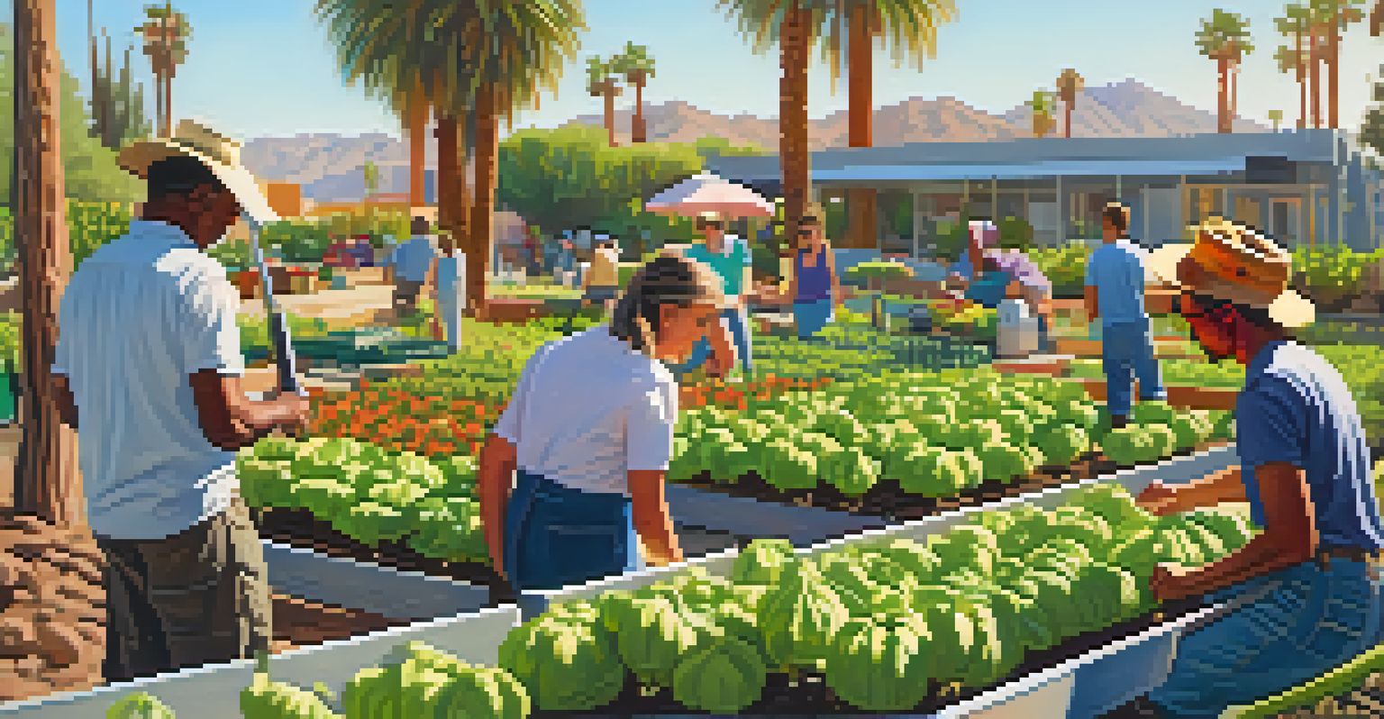 People working in a community garden in Palm Springs, with solar panels and healthy vegetables under warm sunlight.