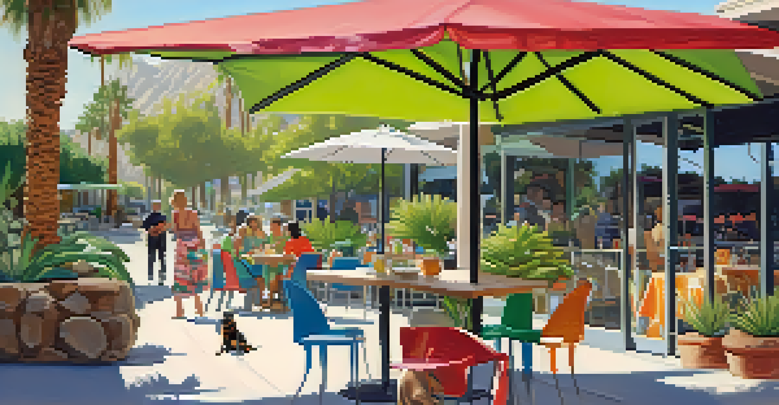 An outdoor dining area at a pet-friendly restaurant with a dog sitting beside its owner and colorful umbrellas overhead.
