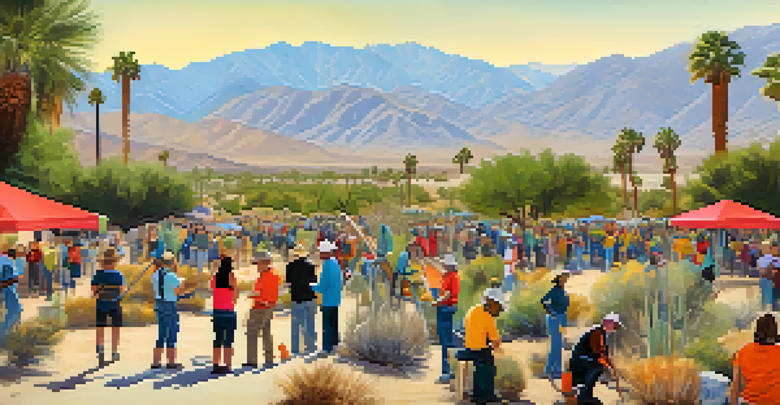 Community members participating in a habitat restoration event, planting native plants in a desert setting, highlighting teamwork and conservation efforts.