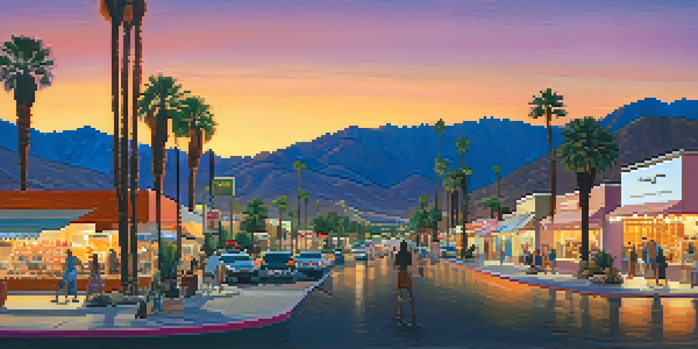 A scenic view of Downtown Palm Springs at sunset, highlighting illuminated shops and restaurants with mountains in the background.